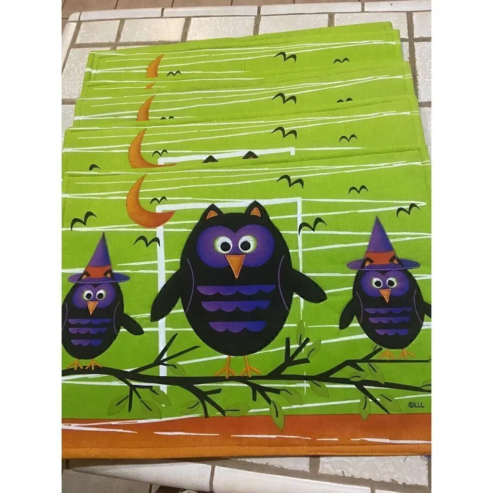 Halloween Placemats Owl Bats, And Owl Witches Black Purple‎ Set Of 6